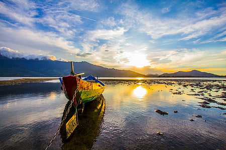 sunset, the boat, vietnam, wave, the sun, the single, peace