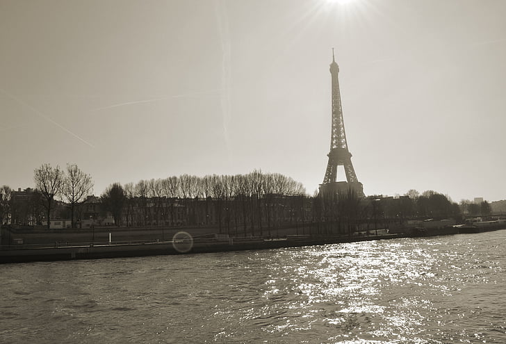 svartvit, Eiffeltornet, Frankrike, landmärke, Paris, floden, turism