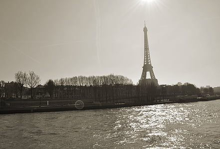 black-and-white, eiffel tower, france, landmark, paris, river, tourism