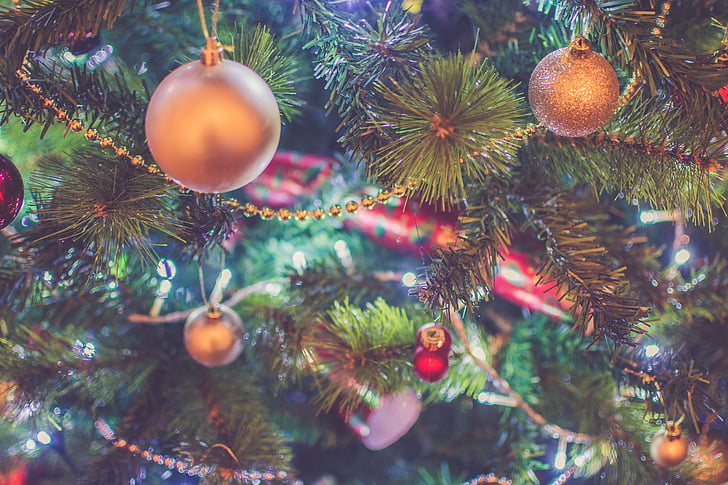 pine, tree, baubles, christmas, lights, ball, decor