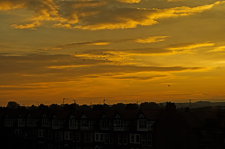 solnedgång, bakgrund, hus, hus, staden, England, kvällen