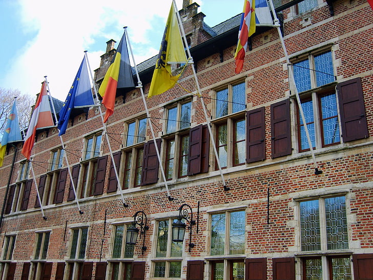 façade, drapeaux, vieux, Ekeren, Château, bâtiment, architecture
