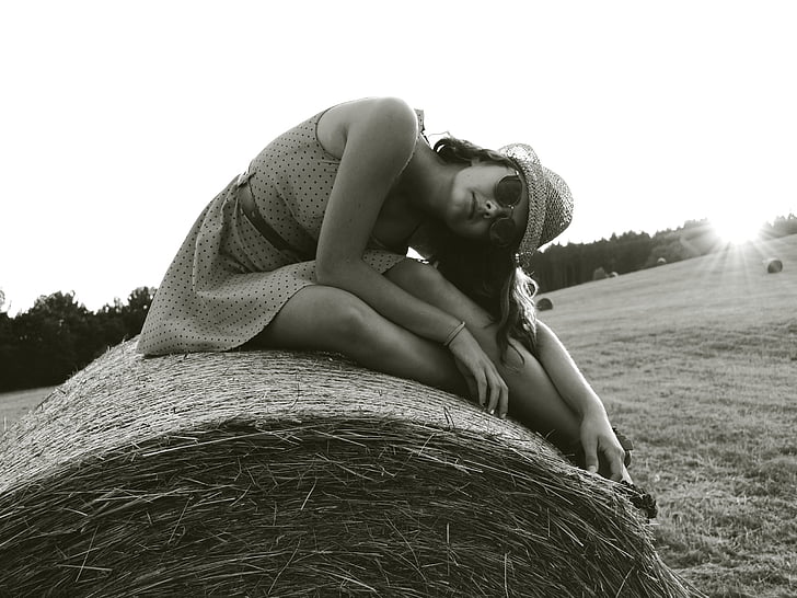 woman, sitting, rolled, hay, girl, summer, sunset