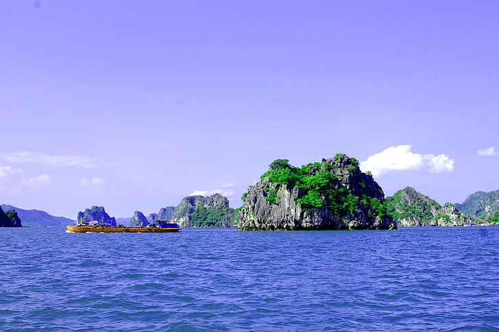 ocean, island, karst, ship, vietnam, blue sky