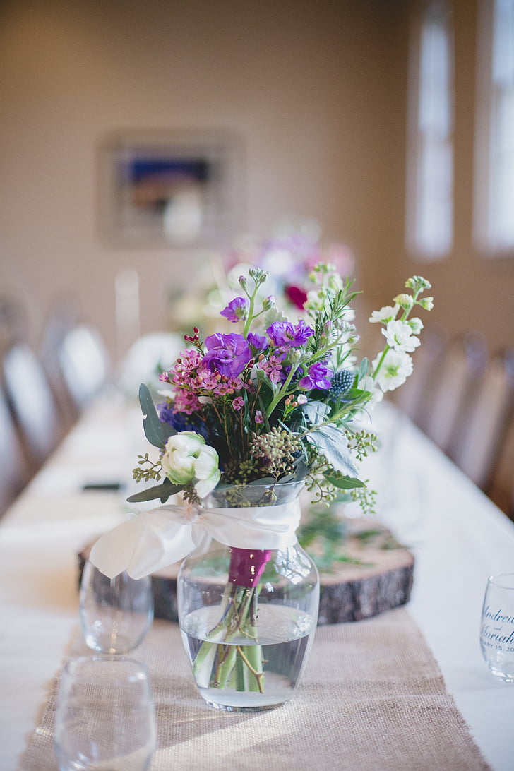purple, white, blue, flowers, glass, vase, centerpiece