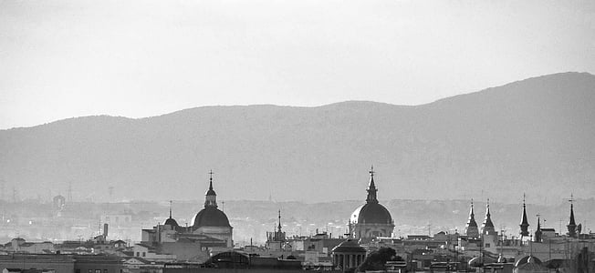 Skyline, Madrid, kupolák, templom, építészet, naplemente, székesegyház