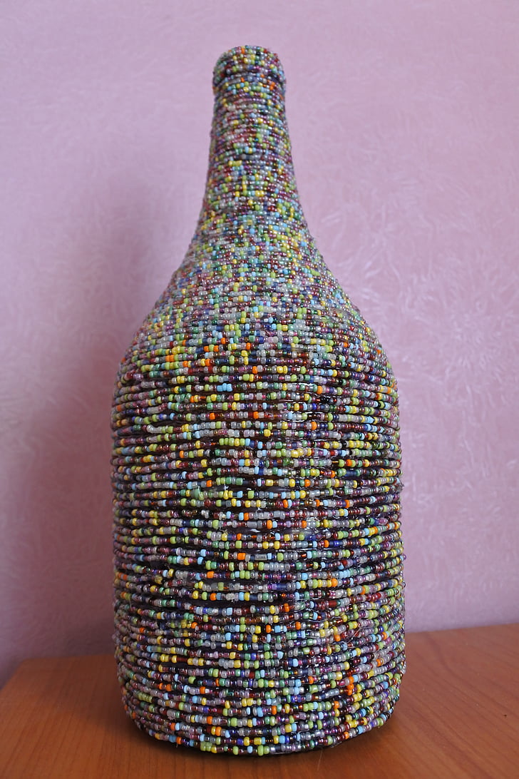 bottle, beads, handmade, decoration, decor, pink, multi color