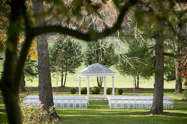 fall, wedding, ceremony, landscape, chairs, pavilion, park