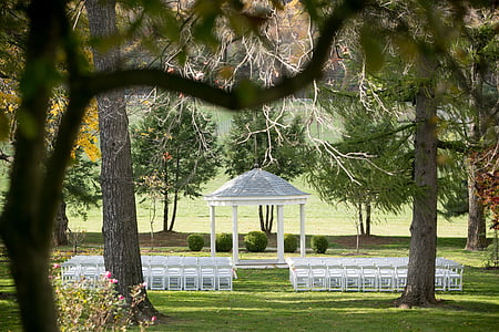 Outono, casamento, cerimônia de, paisagem, cadeiras, pavilhão, Parque