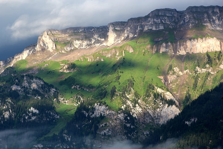 Interlaken, alpesi, hegyek, nap, fény, zöld