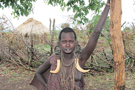 女性, mursi, エチオピア, アフリカ