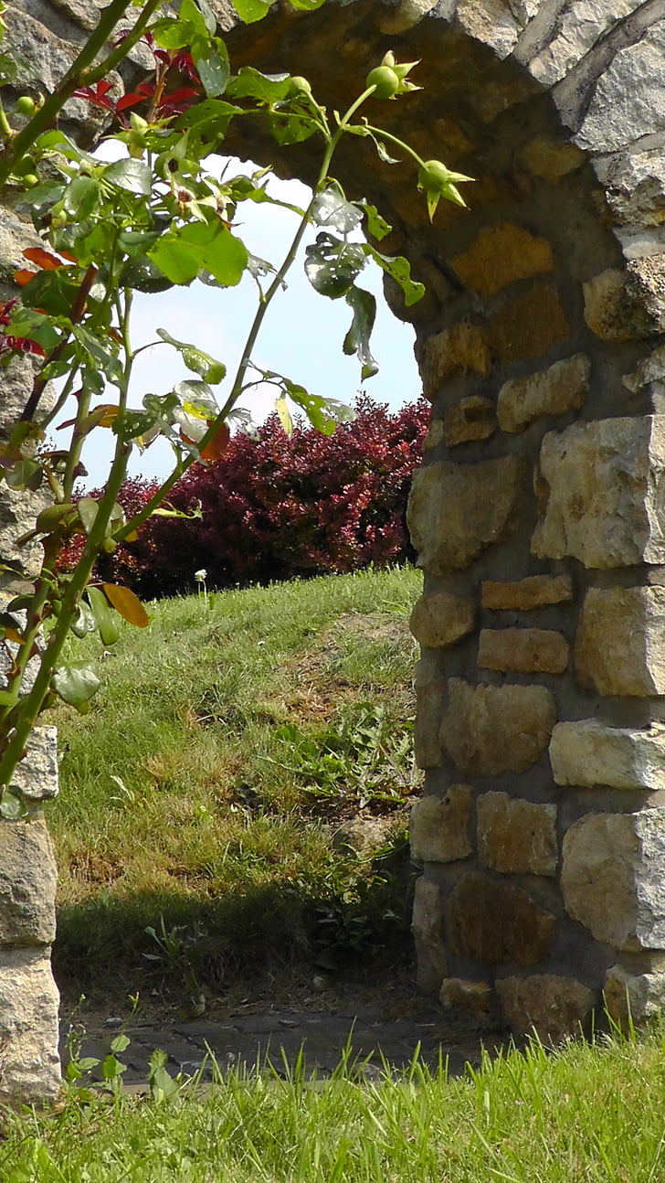 stenen poort, voorwaarts, hedge, natuursteen, solide, steen, muur