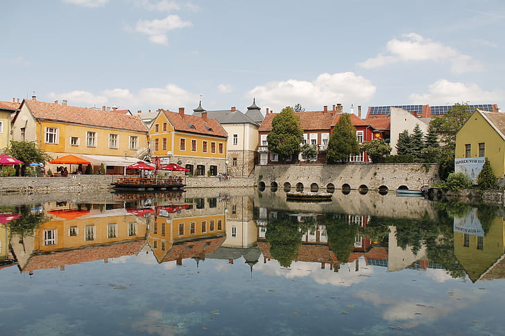 Tapolca, Hongarije, Lake, huizen, water, het platform, Europa