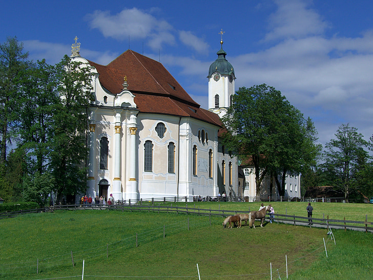 Chiesa del pellegrinaggio di wies, Chiesa di pilgrimage, Baviera, arte della costruzione, cielo, blu