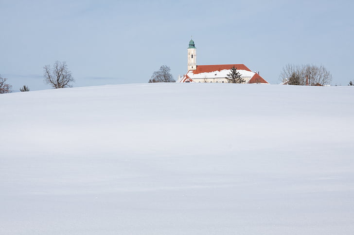 samostan, Crkva, barokna, stabla, nebo, plava, snijeg