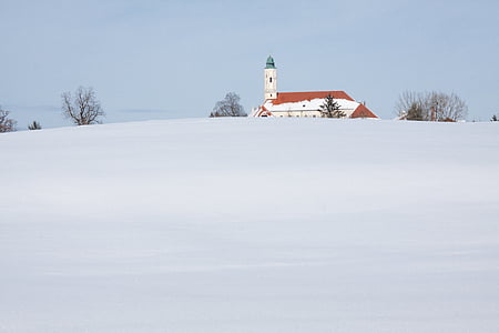 monastery, church, baroque, trees, sky, blue, snow