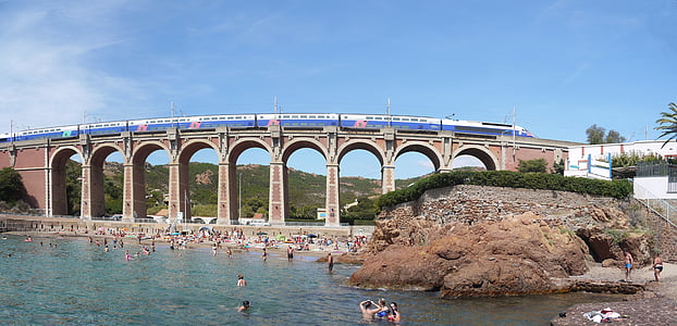 côte d ' azur, beach, mediterranean, panorama, arch bridge, train, south of france