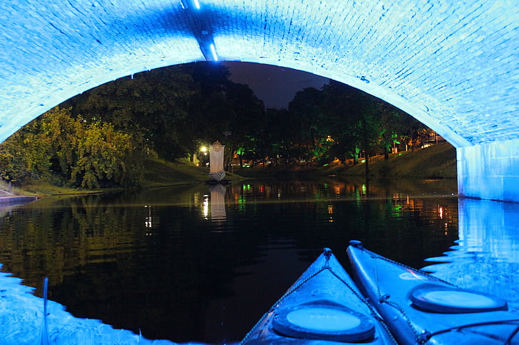 kayak, night, riga, tunnel, architecture, reflection, river