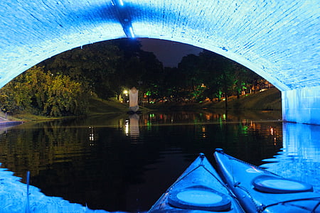 kayak, noche, Riga, túnel, arquitectura, reflexión, Río