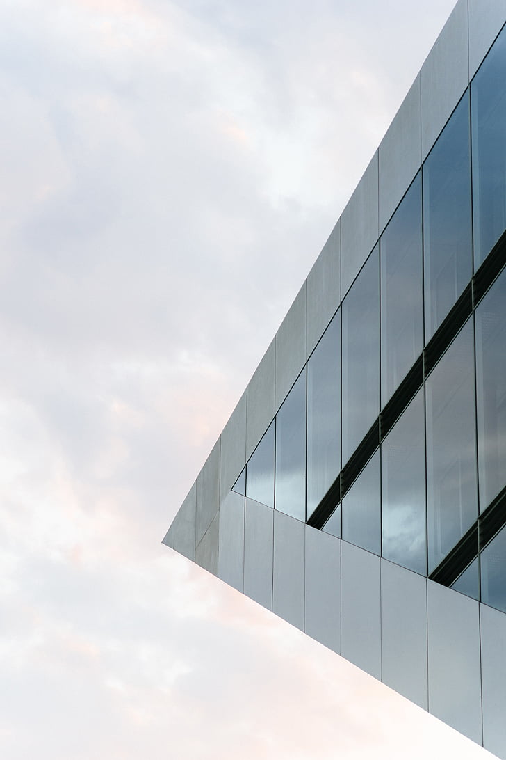 grigio, in acciaio, vetro, costruzione, cielo, architettura moderna, moderno