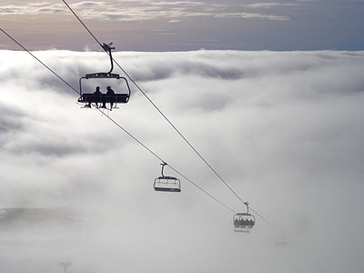 катання на лижах, Slovenija, туман, крісельна канатна дорога, Захід сонця, хмари, взимку