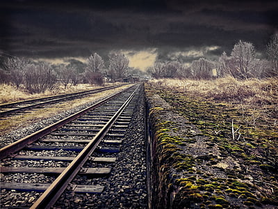 railway, landscape, transportation, weather, moody, scene, rail tracks