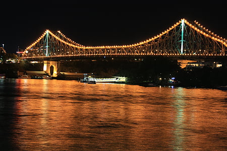 bridge, lights, night, city, architecture, tall, tourism