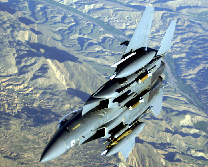 Военный самолет, горы, f-15, полет, США, небо, самолет