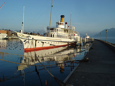 barco, sternwheeler, Lago de Genebra, Ouchy, Lausanne, Suíça, navegação