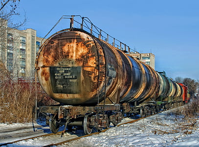 cold, outside, railroad, railway, rust, snow, tanker
