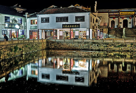 jiuhuashan, China, à noite, Lagoa, reflexão, lugar, comércio