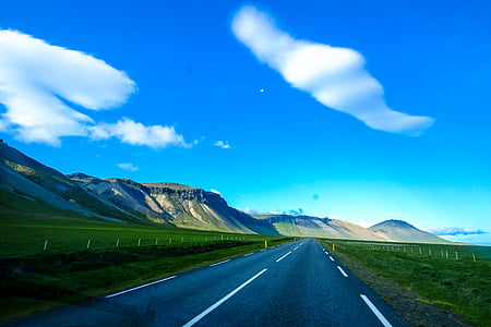 asphalt, blue sky, clouds, countryside, daylight, field, grass