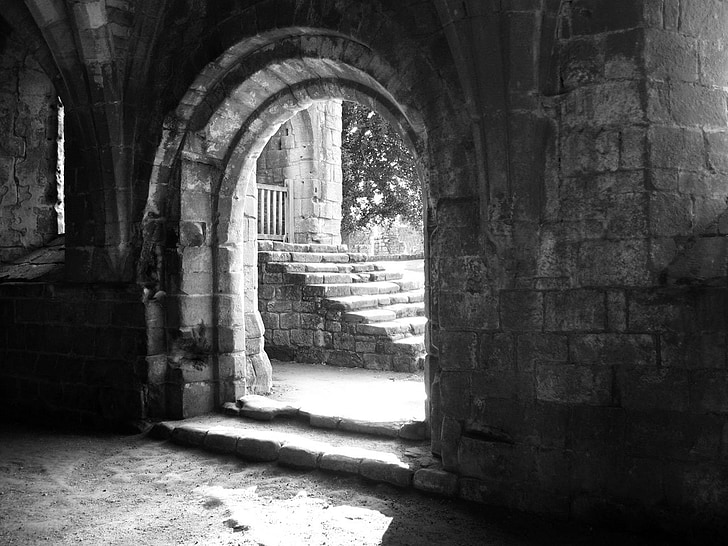 stone, stairs, historical, black, white, abbey, black And White
