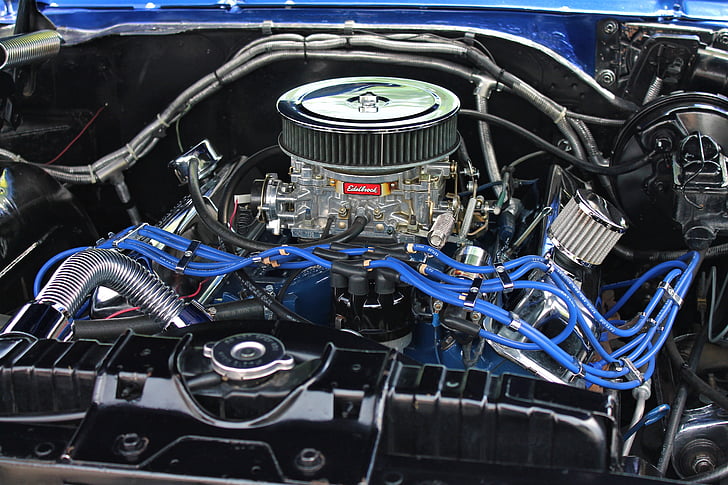 silnik, Galaxie 500, samochód Ford, Ford, Chrome, niebieski samochód, niebieski silnika