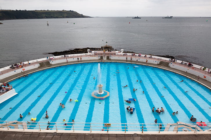 piscina, mezzo tondo, mare, blu turchese, Plymouth, Inghilterra, Devon