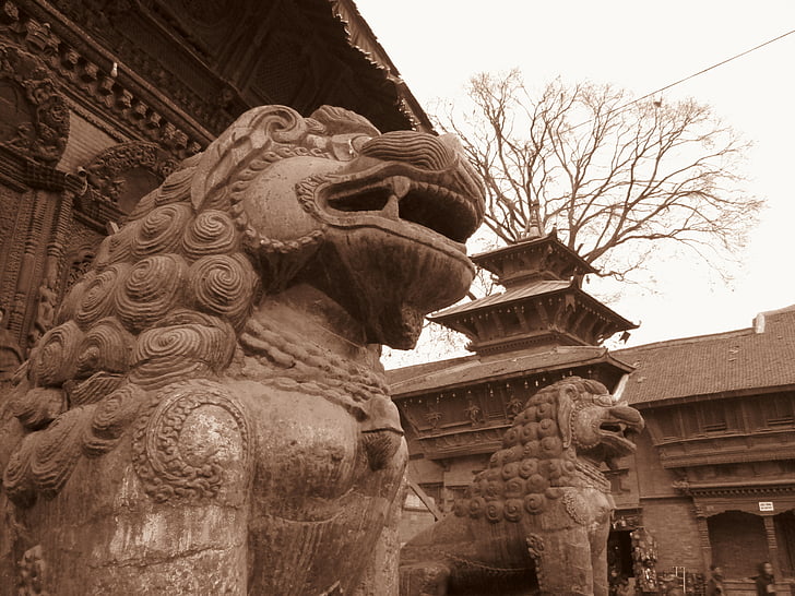 Basantapur, slottsparken, arkitektur, historiske monumenter, palasset, steinen statuen, gamle