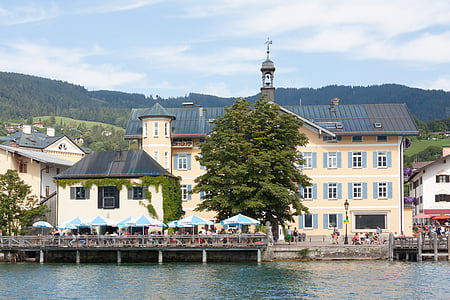web, promenade, town hall, tegernsee, water, lake, blue