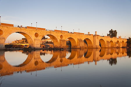 Most, Badajoz, Guadiana, Západ slunce, řeka, Architektura, reflexe