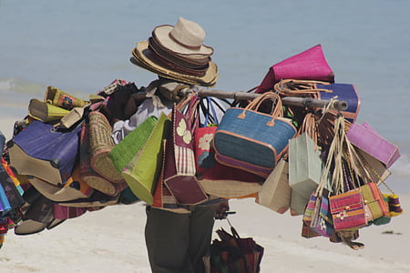 plaža prodavatelja, vrećice, šareni, plaža, kape, Mauricijus, košara