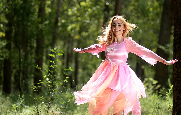 meitene, lauma, meža, kleita, rozā, blondīne, skaistumu