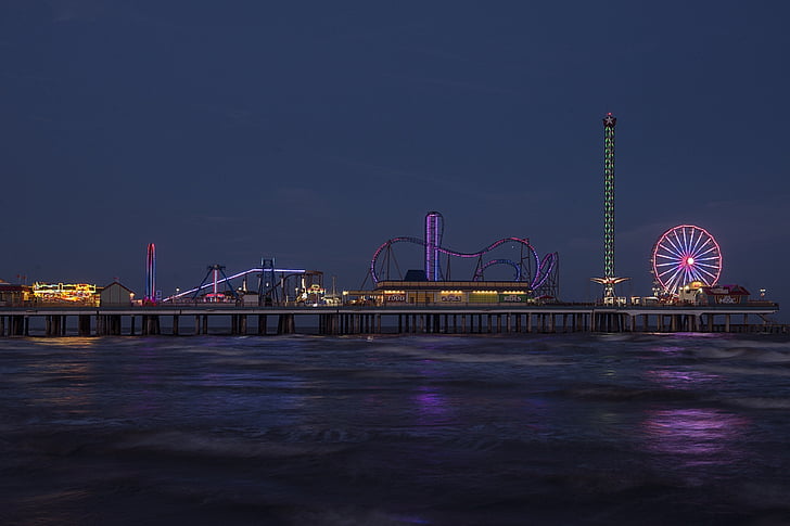 Galveston, Amusements, Skyline, Texas, lampor, skymning, pariserhjul