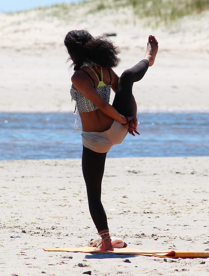 Yoga, vrouw, strand, ontspanning, zand, sportief, mooie