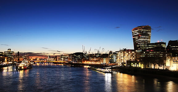 blue sky, capital, cranes, london, night, reflections, river thames