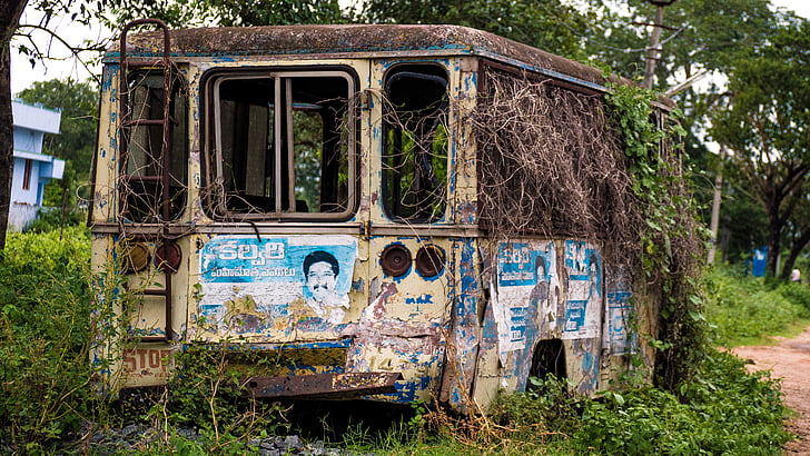 photography, beige, abandoned, bus, daytime, old, rusty
