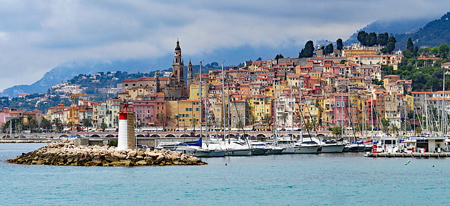 menton, old town, harbour entrance, lighthouse, city church, colorful picturesque, pitoresk