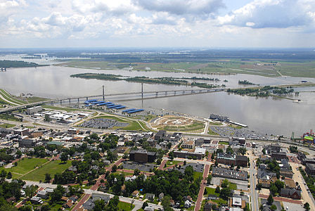 aerial view, alton, illinois, river, water, bridge, city
