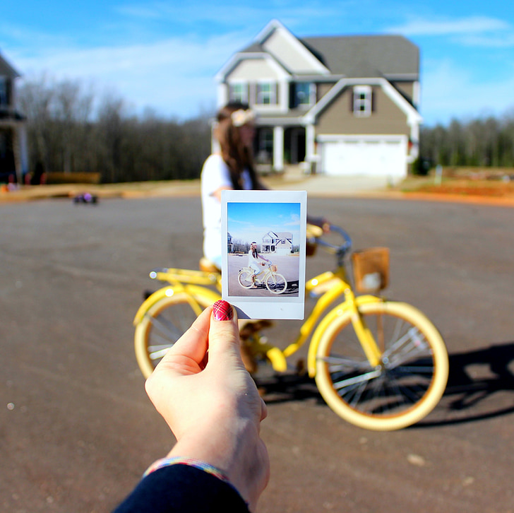 velosipēds, Polaroid, puķu kroni, meitene, ceļu satiksmes, Pavasaris, laimīgs