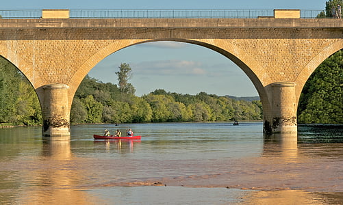 puente, canoa, Río, Dordogne, Scenic, paisaje, maderas
