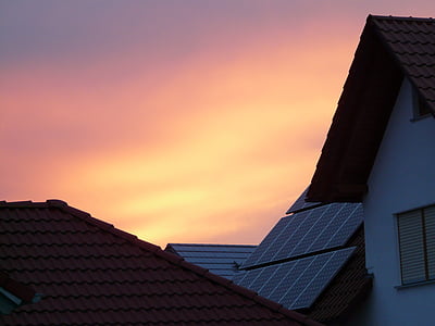 Gable, células solares, Casa, telhado, pôr do sol, arrebol, tecnologia