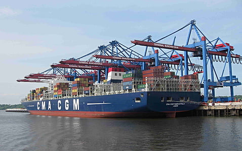 container, marco polo, freighter, burchardkai, terminal, cargo, crane